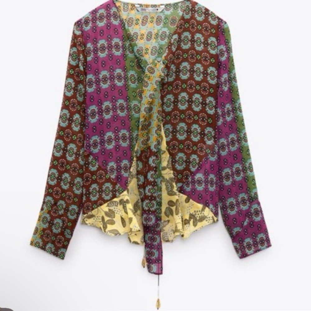 Zara Multicolor Patchwork Tie-Neck Blouse — Green… - image 3